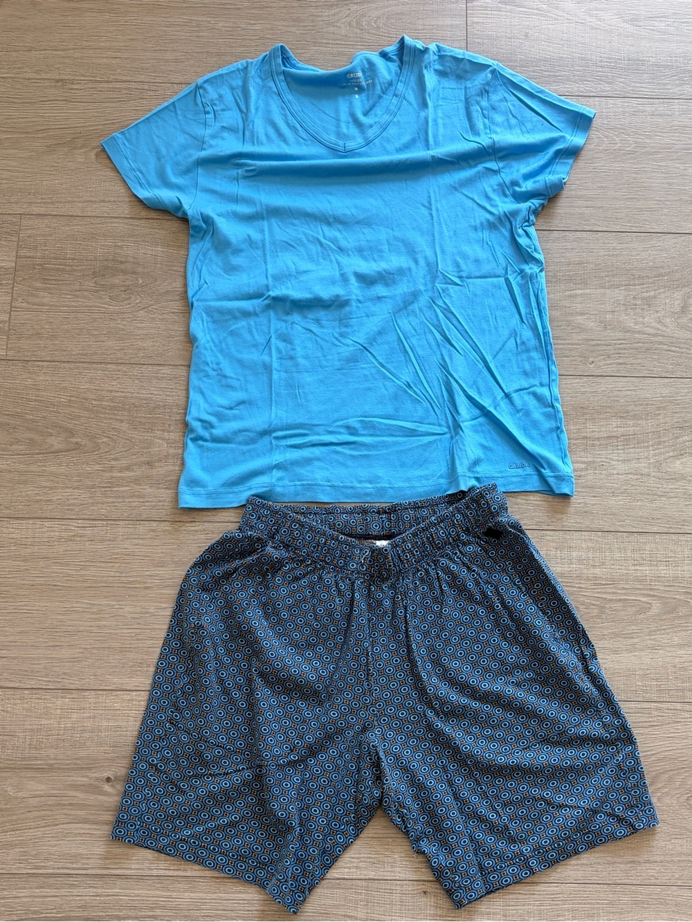 CALIDA Men’s Pajama Set Size S Blue V-Neck T-Shirt Patterned Shorts Cotton Tence